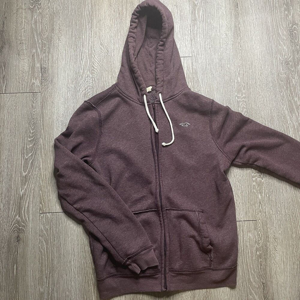 Hollister Men's Full-Zip Hoodie Heather Maroon Burgundy Red Logo Large